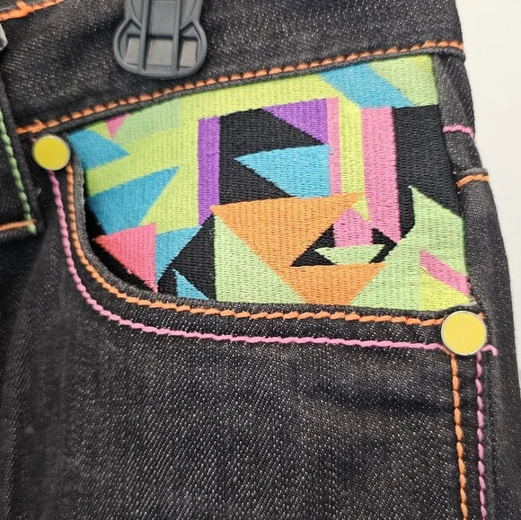 COOGI Black Jeans with Multicolor Geometric Design, EUC, Size W 34, L 34